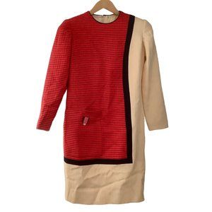 Vintage 90s DAVID HAYES Colorblock Long Sleeve Dress 6 Career Red Navy Ivory